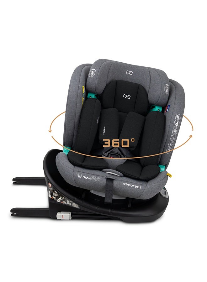 neobreez مقعد سيارة للأطفال Neobreez i-GUARDIA 360° ISOFIX i-Size، مقعد قابل للتحويل للأطفال، ECER129، قابل للإمالة والتعديل، حماية من الصدمات الجانبية، 0-12 سنة، 0-36 كجم، مجموعة 0 +/1/2/5 - رمادي أسود - Image 1